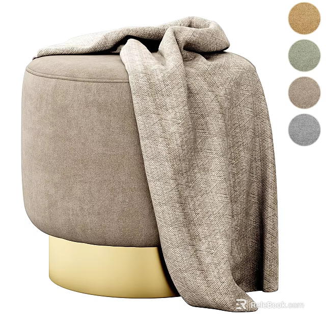 Beige Upholstered Ottoman with Gold Base and Soft Blanket and Multiple Color Choices 3d model 