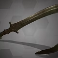 Ancient Curved Blade Weapon with Rustic Metal Surface and Carved Hilt on Hexagonal Gray Background 3d model