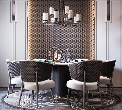 Luxurious Round Dining Table Set With Textured Chairs Chandelier And Decorative Wall 3d model