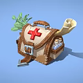 Brown Leather Medical Kit With Red Cross Symbol Scroll Small Bottles And Green Herbs