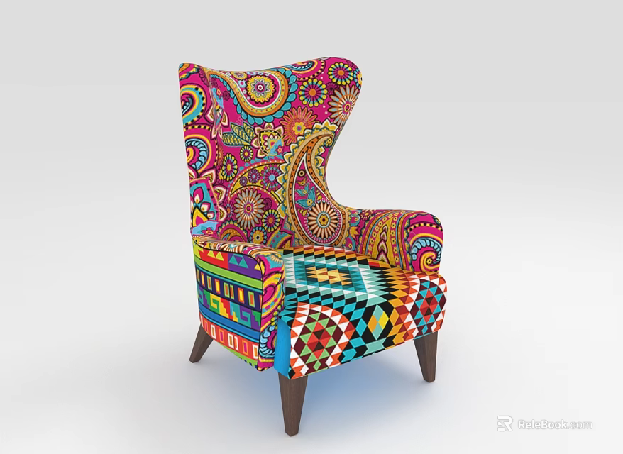 Colorful Patterned Accent Chair With Vibrant Floral And Geometric Prints And Wooden Legs 3d model 