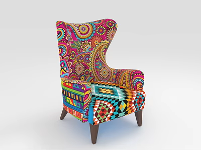 Colorful Patterned Accent Chair With Vibrant Floral And Geometric Prints And Wooden Legs 3d model