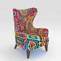 Colorful Patterned Accent Chair With Vibrant Floral And Geometric Prints And Wooden Legs