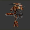 Detailed Red and Yellow Mechanical Robot Warrior with Weapons and Armor in Standing Position