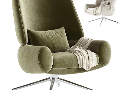 Cozy Accent Chair With Velvet Upholstery Plush Cushion Knit Throw And Silver Metal Swivel Base 3d model