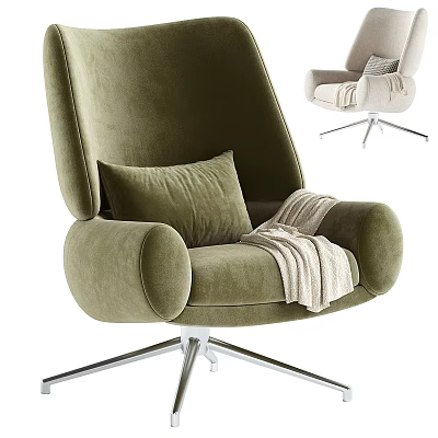 Cozy Accent Chair With Velvet Upholstery Plush Cushion Knit Throw And Silver Metal Swivel Base 3d model