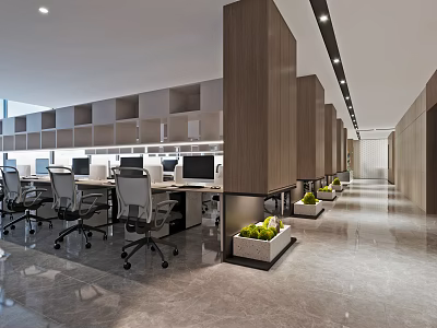 Modern Public Office Area Featuring Workstations Partitions Office Chairs And Potted Plants On Marble Flooring 3d model