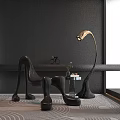 Leisure Chair with Unique Sculptural Design Curved Legs Dark Wall and Bicycle Decor Floor Lamp