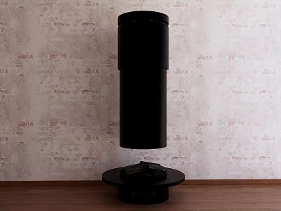 Black Cylindrical Fireplace with Round Base on Wooden Floor against Patterned Wall Modern Design 3d model