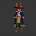 Fantasy Creature Character with Horned Hat Blue Cloak and Tasseled Skirt Outfit