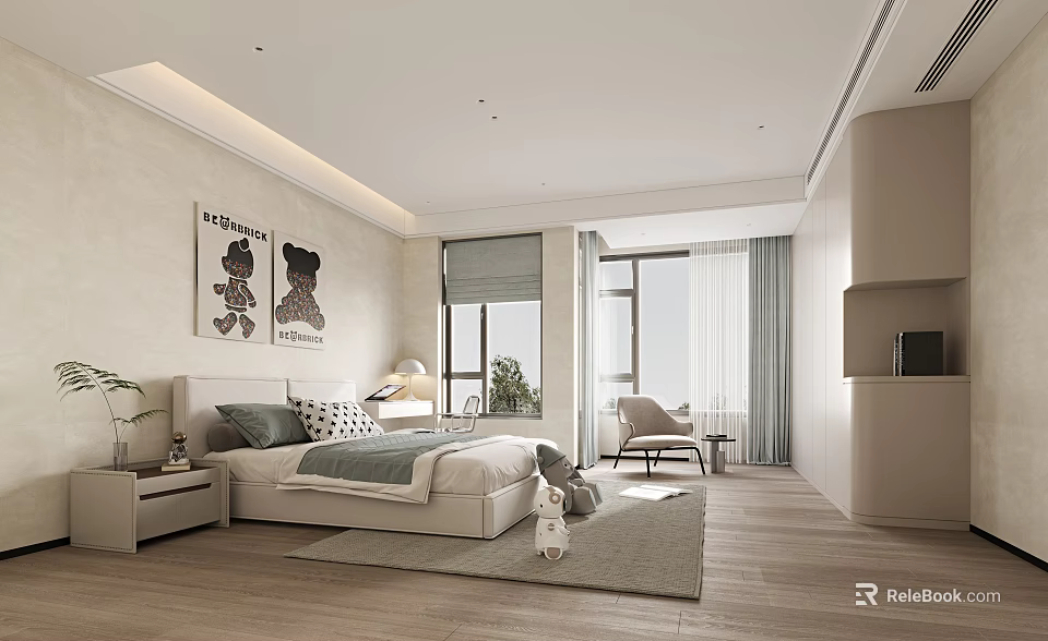 Modern Bedroom Interior With Bed Nightstand Lamp Art Window Curtains Chair And Wooden Floor 3d model 