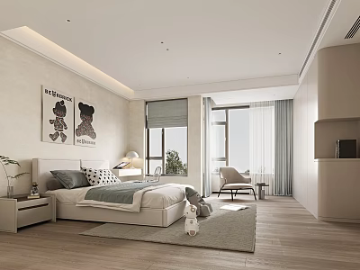 Modern Bedroom Interior With Bed Nightstand Lamp Art Window Curtains Chair And Wooden Floor 3d model