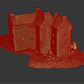 Cartoon Scene of Ancient Stone Building with Multiple Chimneys Green Grass Base and Front Structure