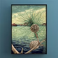 Plant Painting With Fern Leaves Green Brown Gradient In Black Frame On Blue Wall