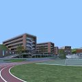 Modern School Building With Glass Facade Brick Exterior Track Field And Green Lawn