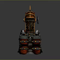Steampunk Style Helmet With Orange Flame Decoration Metal Pipes And Red Details