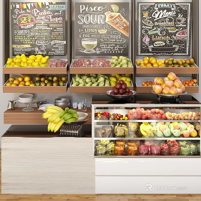 Fruits Vegetables Display Shelves With Layered Glass Showcase And Fresh Produce Arrangement 3d model 