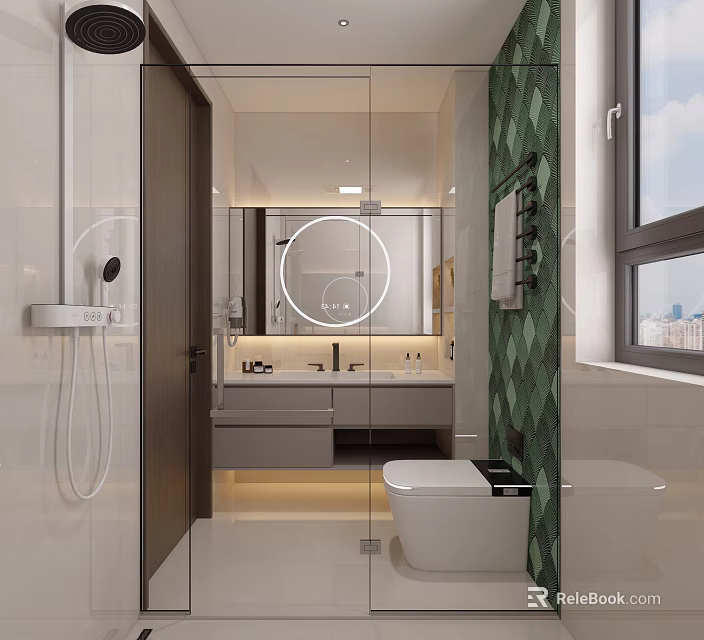Modern Bright Bathroom Interior Design With Smart Toilet Floating Vanity And Round LED Mirror 3d model 