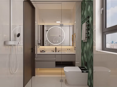 Modern Bright Bathroom Interior Design With Smart Toilet Floating Vanity And Round LED Mirror 3d model