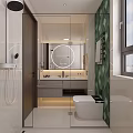 Modern Bright Bathroom Interior Design With Smart Toilet Floating Vanity And Round LED Mirror