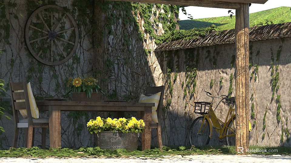 Rustic Stone Wall Hinged Door With Vines Yellow Flowers And Bicycle 3d model 