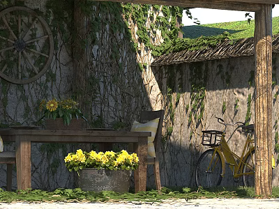 Rustic Stone Wall Hinged Door With Vines Yellow Flowers And Bicycle 3d model