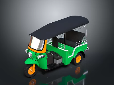 Green Three Wheeled Tuk Tuk With Black Roof And Orange Wheels 3d model