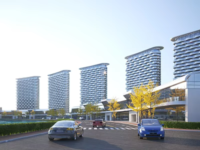Modern High Rise Residential Buildings With Yellow Leaf Trees And Cars On Road 3d model