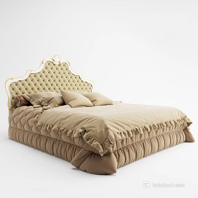 Elegant Double Bed With Golden Bordered Diamond Tufted Headboard And Beige Ruffled Bedspread 3d model 