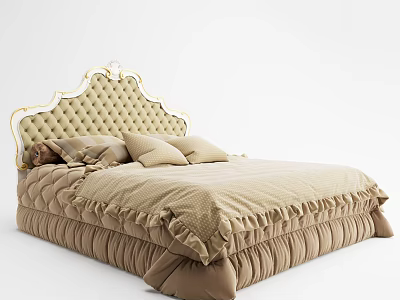 Elegant Double Bed With Golden Bordered Diamond Tufted Headboard And Beige Ruffled Bedspread 3d model