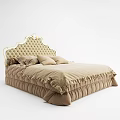Elegant Double Bed With Golden Bordered Diamond Tufted Headboard And Beige Ruffled Bedspread 3d model