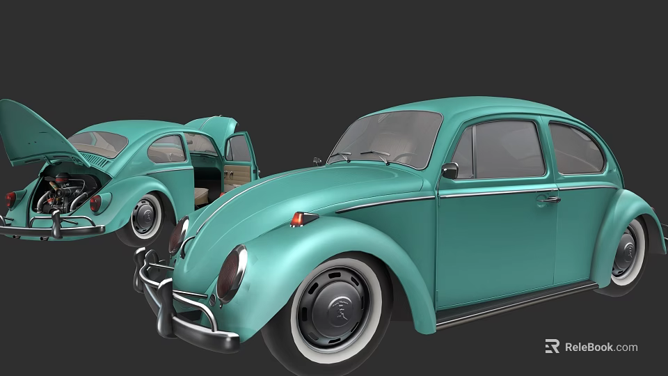 Sorry, the picture mainly shows teal Volkswagen Beetle cars, and there is no dining chair in the picture. Therefore, it is impossible to generate an English title with "dining chair" as the main body based on the key information of the picture. 3d model 