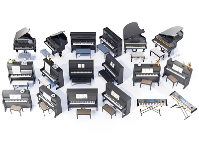 Assorted Musical Instruments and Art Supplies Featuring Various Pianos Grand Upright and Electronic Keyboards 3d model