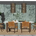 Wooden Dining Table Set With Chairs Woven Pendant Lights Green Marble Wall And Green Plants