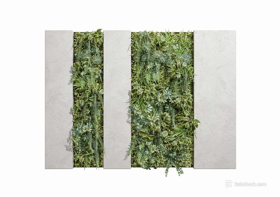 Green Plant Wall Showcasing Diverse Greenery Between Gray Concrete Panels 3d model 
