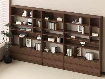 Modern Wooden Bookcase With Multiple Shelves Drawers Books And Decorative Items Near Potted Plant 3d model
