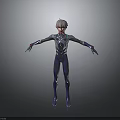 Futuristic 3D Character Model With Gray Hair Blue Silver Suit Arms Outstretched