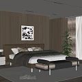 Modern Bedroom with Double Bed Wooden Wall Decorative Painting Nightstand Bench Rug