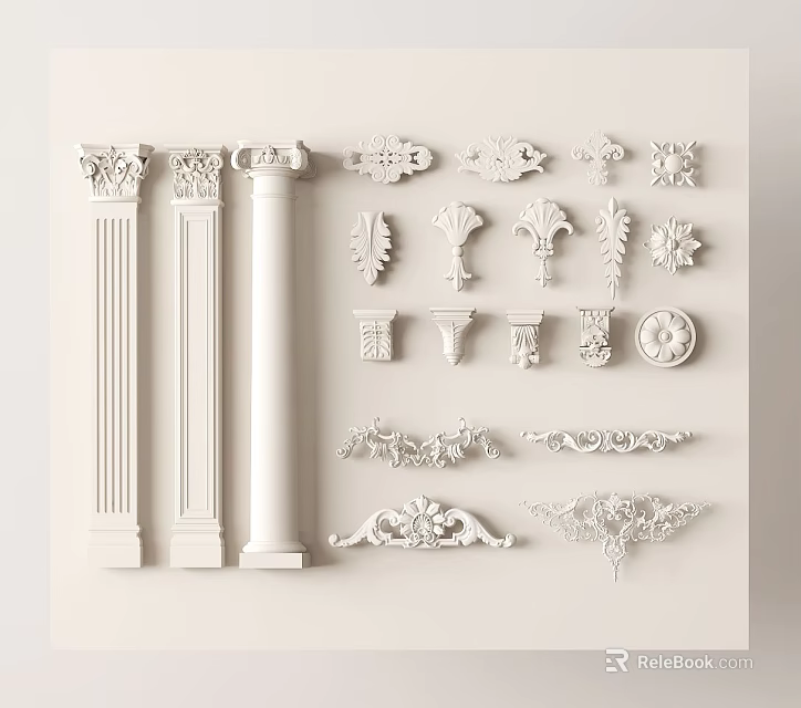 White Gypsum Molding Decorative Collection With Carved Designs And Columns 3d model 