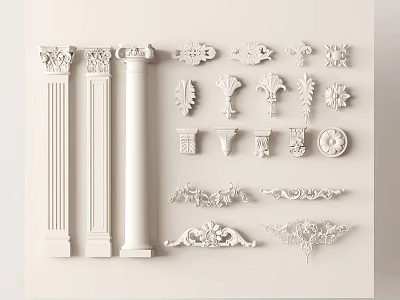 White Gypsum Molding Decorative Collection With Carved Designs And Columns 3d model