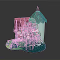 Fairy Tale House Scene With Green Trees Blue Roof Pink Walls And Round Base