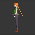 3D Character With Orange Hair Green Overalls Holding Tray And Small Object