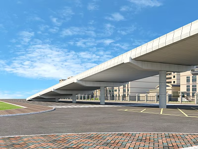 Modern Bridge Design With Supporting Columns Under Blue Sky Near Buildings And Paved Ground 3d model
