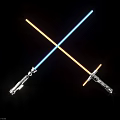 Crossed Blue And Red Illuminated Lightsabers With Metallic Hilts On Black Background