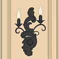 Ornate Black Wall Sconce With Curved Design And Double Bulbs On Gray Wall