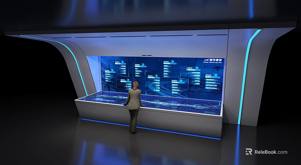 Person Interacting With Modern Smart Energy Data Display Console And Large Screen Charts 3d model 