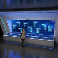 Person Interacting With Modern Smart Energy Data Display Console And Large Screen Charts