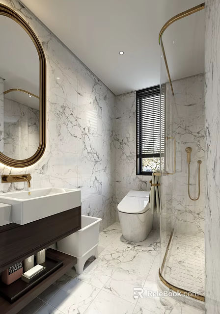 Modern Bathroom Interior With Marble Walls Round Mirror And Smart Toilet 3d model 