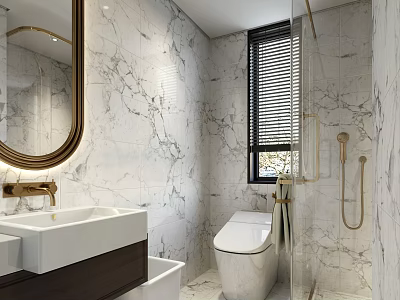 Modern Bathroom Interior With Marble Walls Round Mirror And Smart Toilet 3d model
