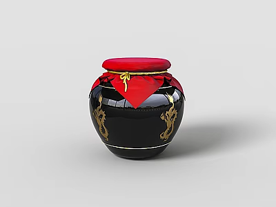 Traditional Black Wine Bottle With Red Lid Golden Dragon Patterns Red Ribbon And Yellow Bow 3d model